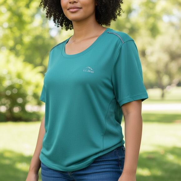 L.L. Bean Athletic Activewear Top T-shirt Size XL Teal Stretch 504123 Unisex - Picture 2 of 14
